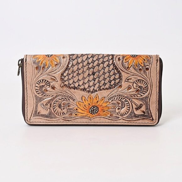 ⭐Women's Bifold Flower Carved Slots Basket Tooled Clutch Zip Around Wristlet - Picture 3 of 7
